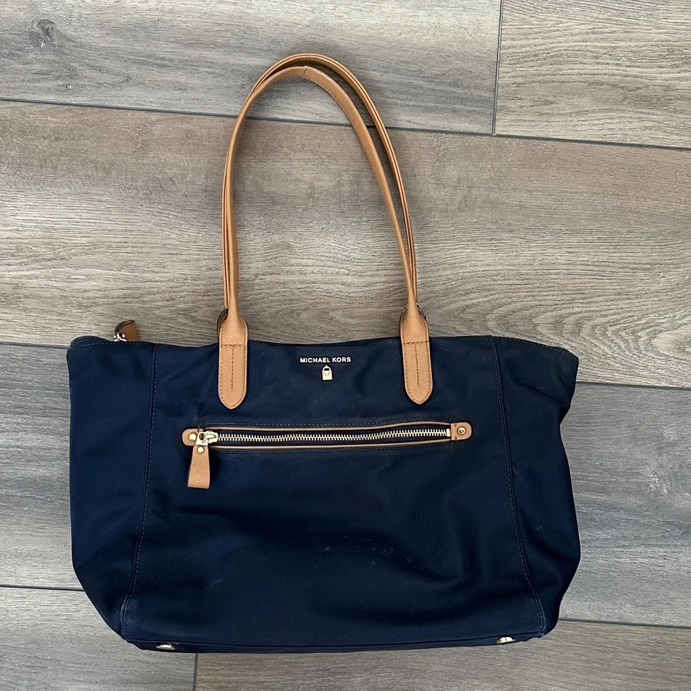 Michael Kors Dark Blue Tote with Tan Handles